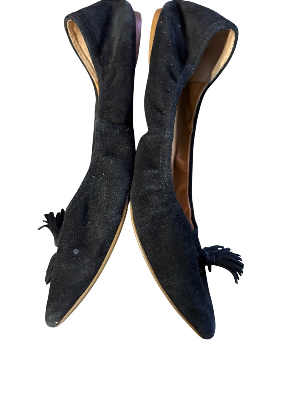 Women's Black Suede Pointed Toe Tassel Ballet Flats - Picture 14 of 16